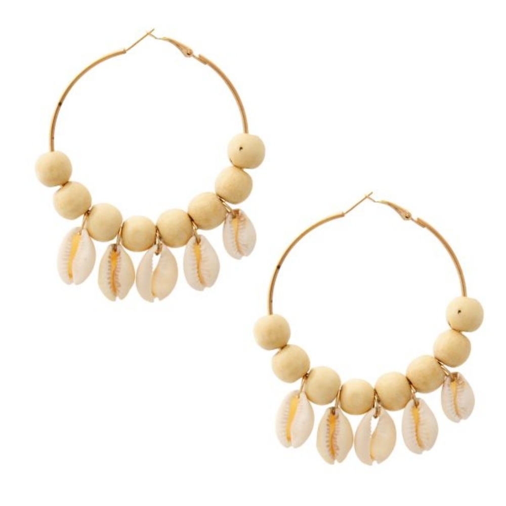 Gold Hoop Earrings w/Wooden Beads & Cowrie Shells